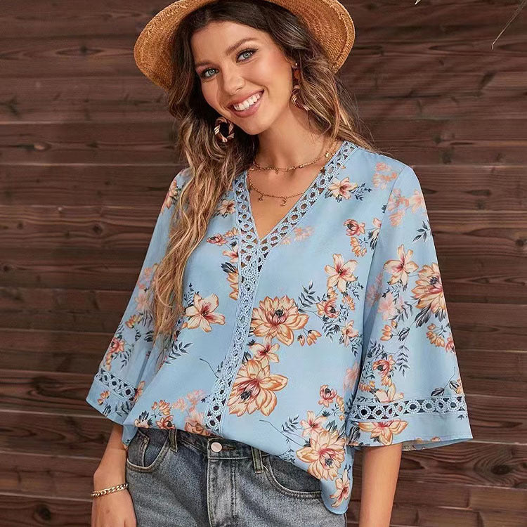 Women's Southeast Asia Summer Loose V Neck Office Bell Sleeve Lace Blouse Women Shirt