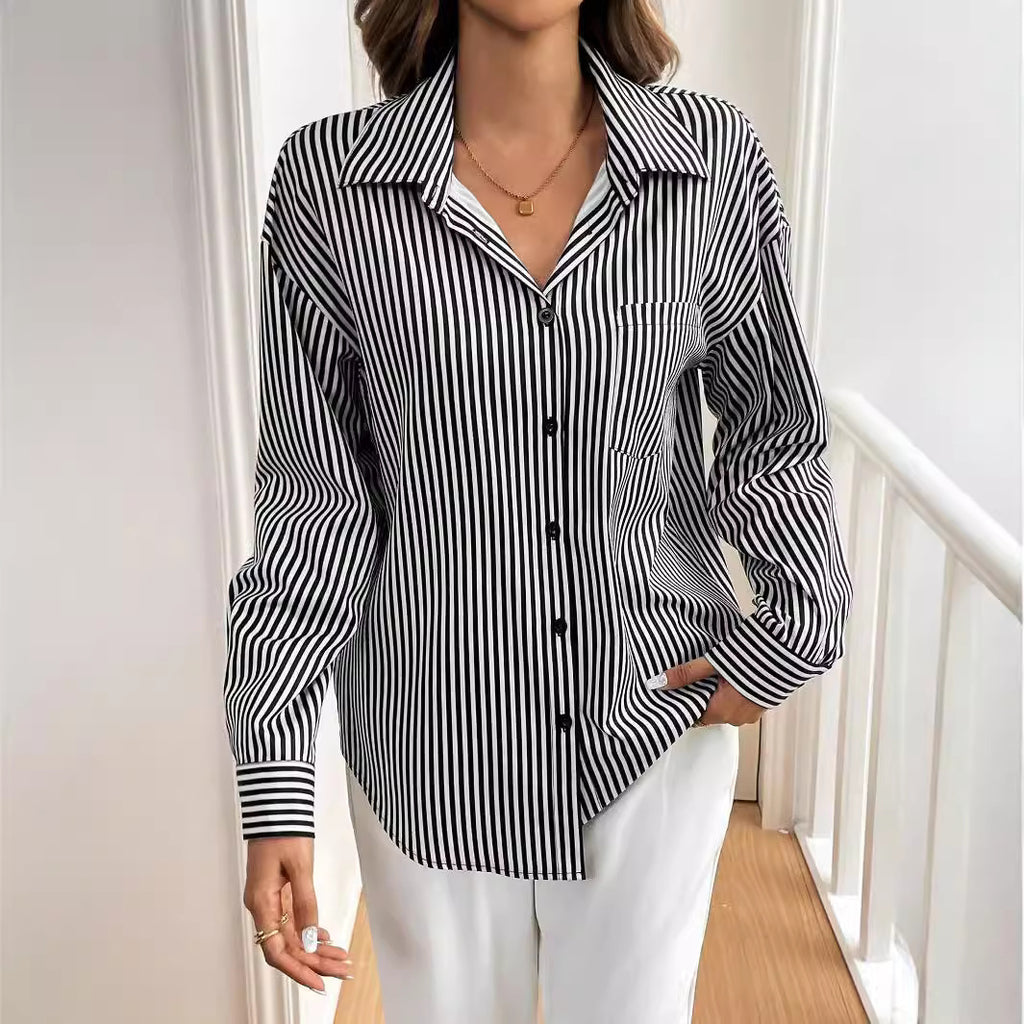 Women's Autumn Winter Elegant Women Striped Printed Back Bow Front Button Long Sleeve Shirt