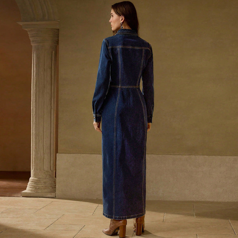 Collared Button-Front Long-Sleeve Denim A-Line Maxi Dress