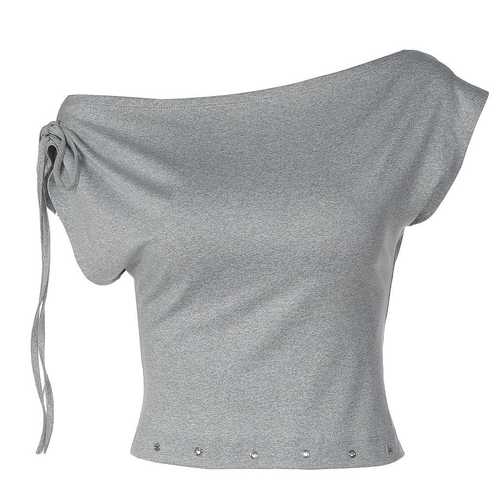 Women Summer Solid Color One Shoulder Cold Shoulder Eyelet Solid Color All Matching Casual T shirt Top