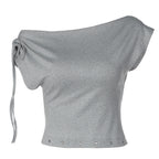 Women Summer Solid Color One Shoulder Cold Shoulder Eyelet Solid Color All Matching Casual T shirt Top