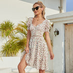 Women's V-Neck Puff Sleeve Backless Mini Dress