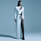 Women's Beaded Floral Long-Sleeve Split Maxi Dress