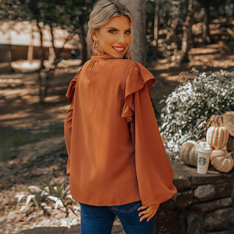 Women's Ruffle Button-Front Blouse – V-Neck Long-Sleeve Top