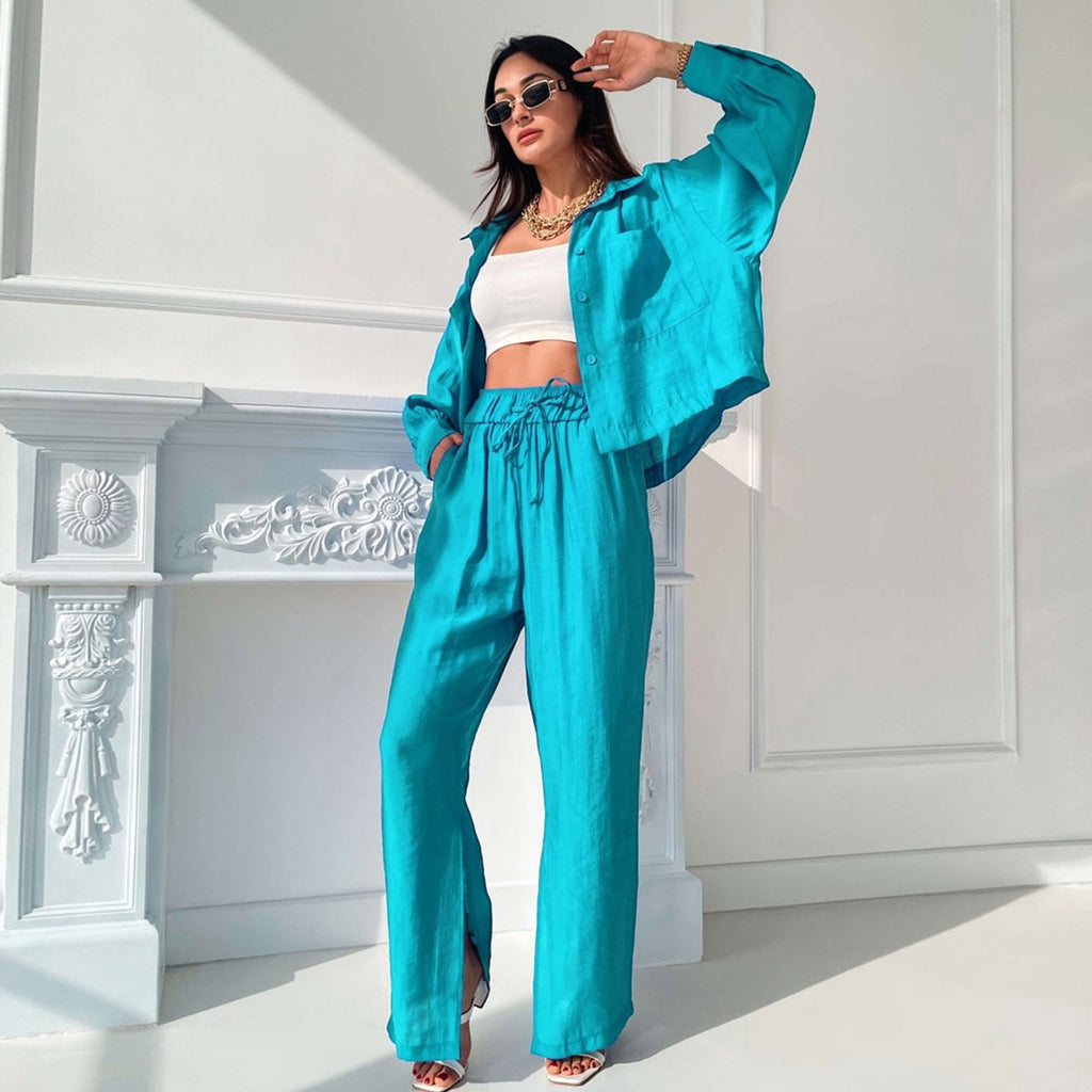 Commuting Spring Summer Polo Collar Shirt Top Split Wide Leg Pants Casual Two-Piece Set