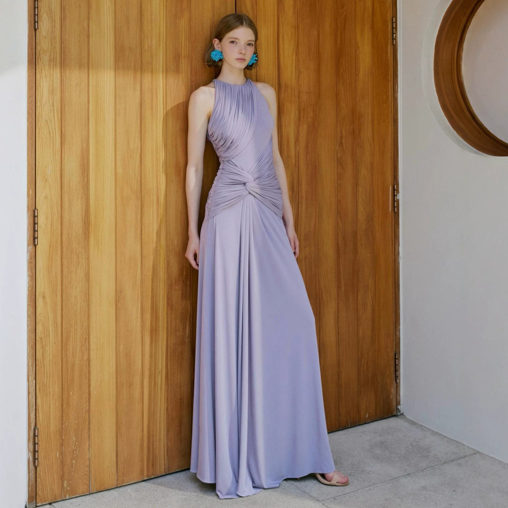 Women's Purple Ruched Halter Maxi Dress