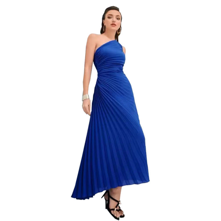 Women Clothing Pleated Slant Shoulder Asymmetric