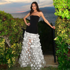 Women's Spring Summer Black White Strapless Dress Three Dimensional Floral Pettiskirt