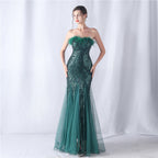 Women's Ostrich Feather Floral Cutting Wedding Strapless Sequin Gauze Dress