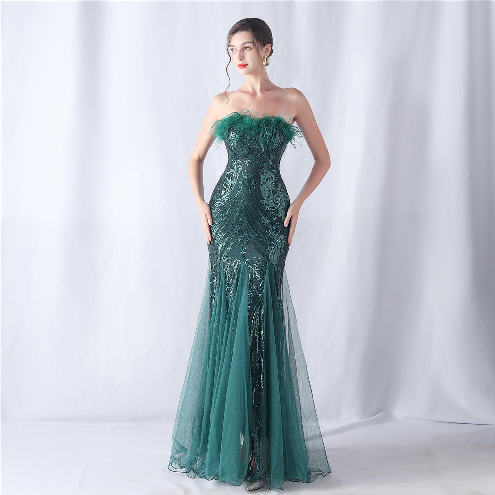 Women's Ostrich Feather Floral Cutting Wedding Strapless Sequin Gauze Dress