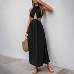 Women's Halter Ruched Patchwork Backless Cutout A-Line Maxi Dress