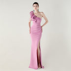 Women's One Shoulder Craft Beading Wave Floral Satin High Slit Sexy Evening Dress Dinner Party Wedding Social