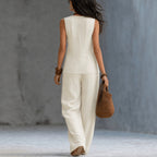 Linen Two Piece Set Casual Sexy SL V neck Waist Controlled