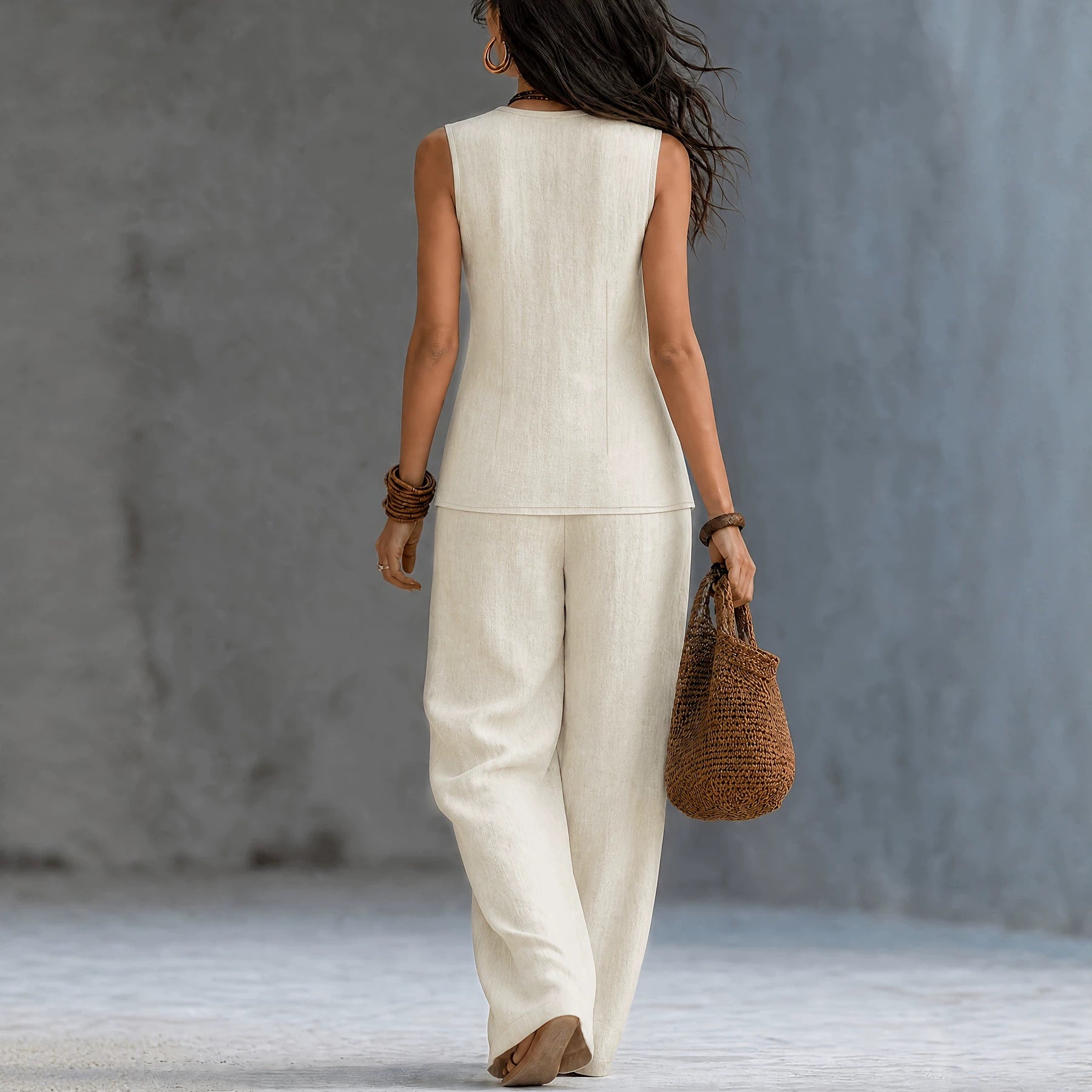 Linen Two Piece Set Casual Sexy SL V neck Waist Controlled