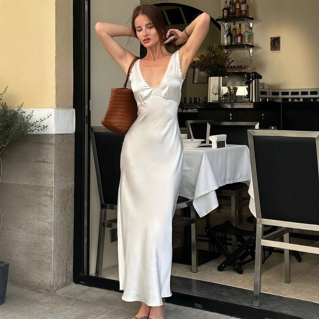 Women's White Satin V-Neck Ruched Midi Dress