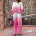 Summer Women's Clothes Cotton Linen Gradient Two Piece Set