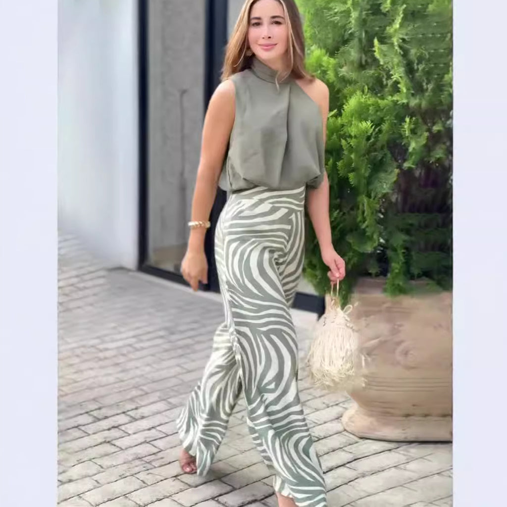 Summer Sleeveless Halter Top Zebra Print Wide Leg Pants Two Piece Set