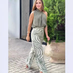 Summer Sleeveless Halter Top Zebra Print Wide Leg Pants Two Piece Set