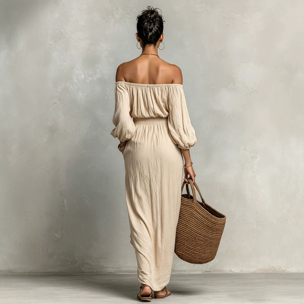 Apricot off-shoulder maxi dress, back view, ruched waist and gathered long sleeves