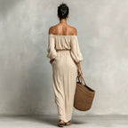 Apricot off-shoulder maxi dress, back view, ruched waist and gathered long sleeves