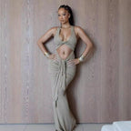 Crew-Neck Twisted Cutout Ruched Bodycon Maxi Dress