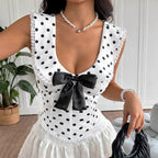 Women's Polka Dot Brace Bra Bow Lace Stitching Boning Corset Waist Vest