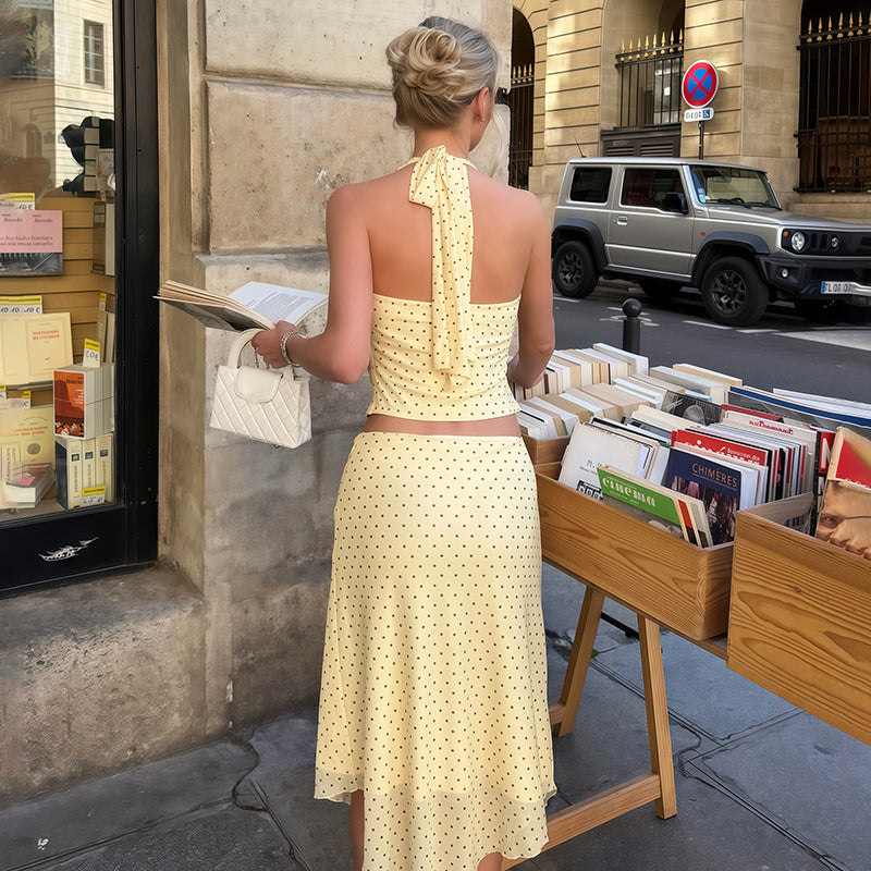 Summer Women Polka Dot Halter Swing Collar Vest Long Skirt