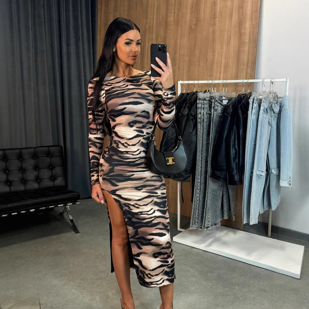 Women's Sexy Slim Round Neck Floral Print Slit Long Sleeve Dress Mid Length Hip Dress