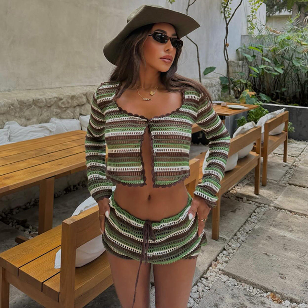 Knitted Striped One-piece Swimwear
