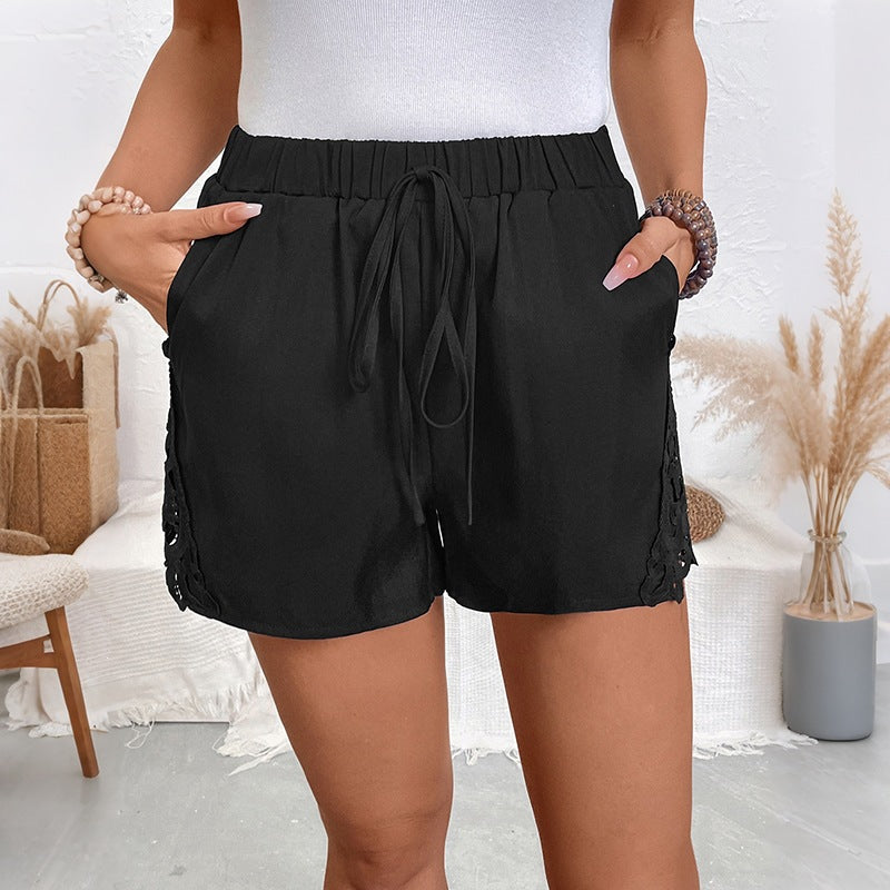 Women Summer Side Stitching Lace Lace Band Casual Shorts