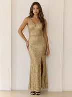 Gold sequin cocktail evening dress with V-neck and thigh slit