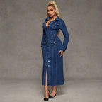 Collared Button-Front Denim Bodycon Maxi Dress