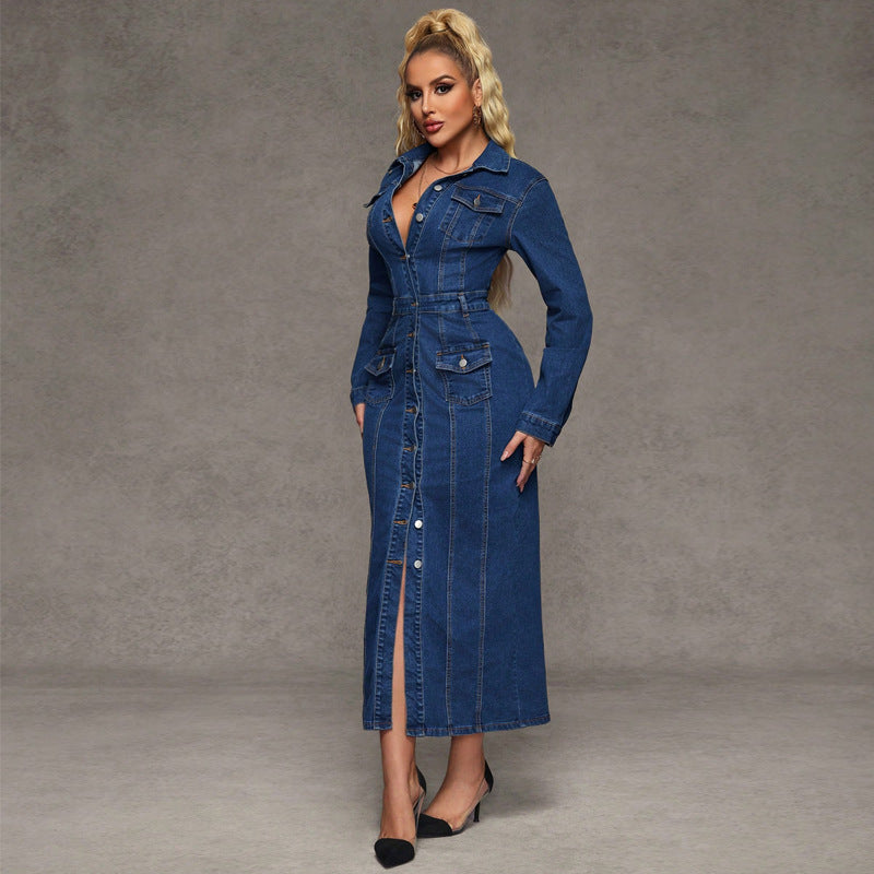 Collared Button-Front Denim Bodycon Maxi Dress