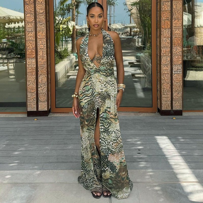 Abstract Print Halter Backless Split Bodycon Maxi Dress