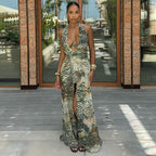 Abstract Print Halter Backless Split Bodycon Maxi Dress