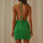 Women's Summer Sexy V Neck Backless Pleated Dress Women Halter Lace Up Cutout Short Dress