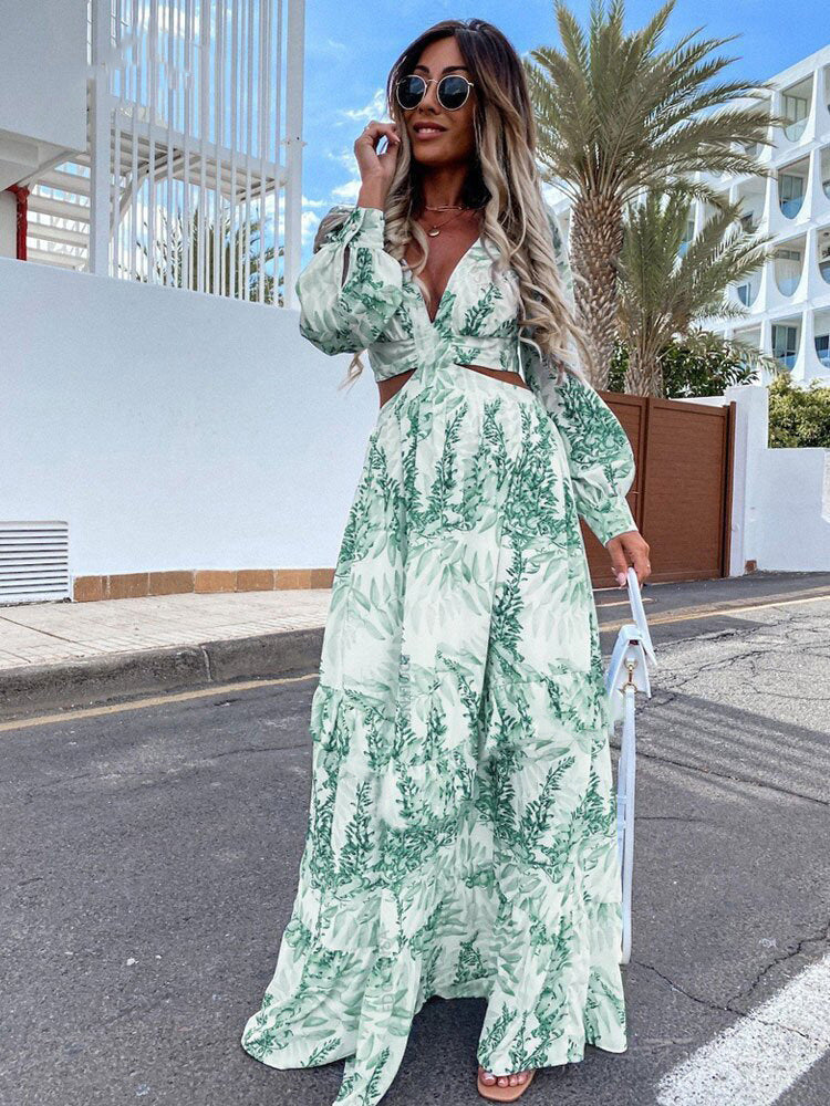 Women's V-Neck Floral Cutout Puff-Sleeve Dress