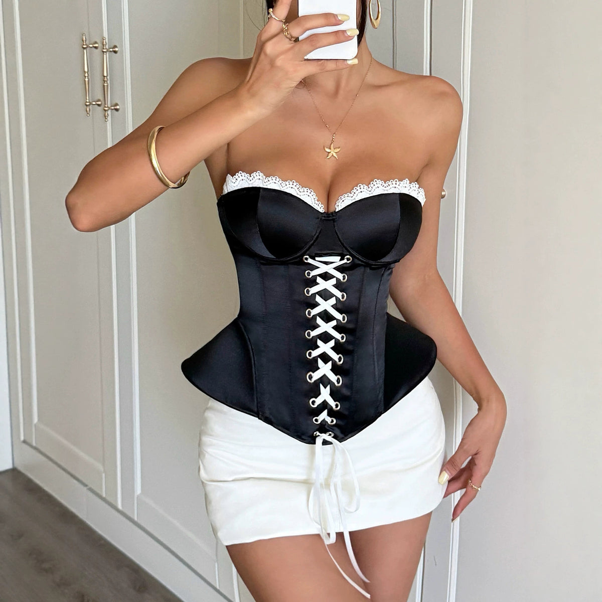 Women's Satin Lace Boning Corset Top