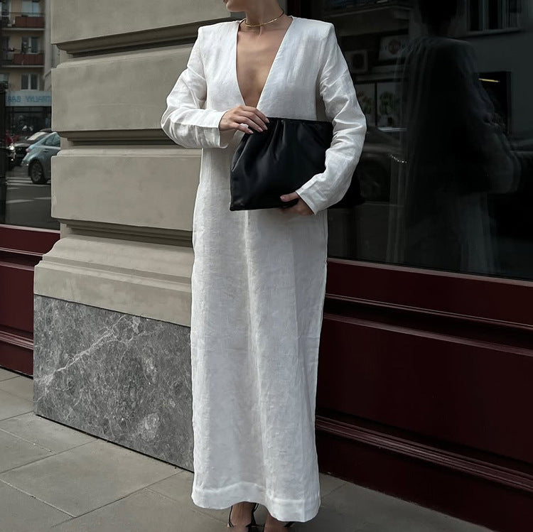 Cotton V Neck Long Sleeve Side Slit