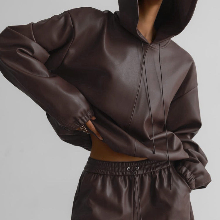 Hooded Leather Sweater Shorts Suit Street Trend