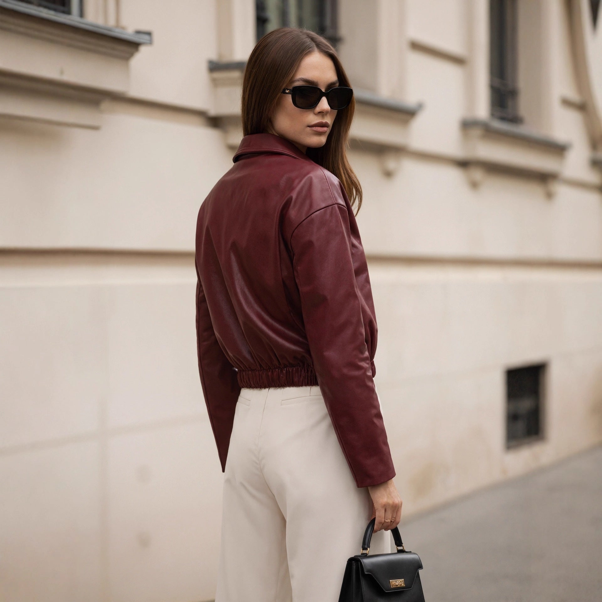 Retro Lapels Faux Leather Clothing Leather Coat Women Fall Winter Angora Red Western Jacket Women Clothing