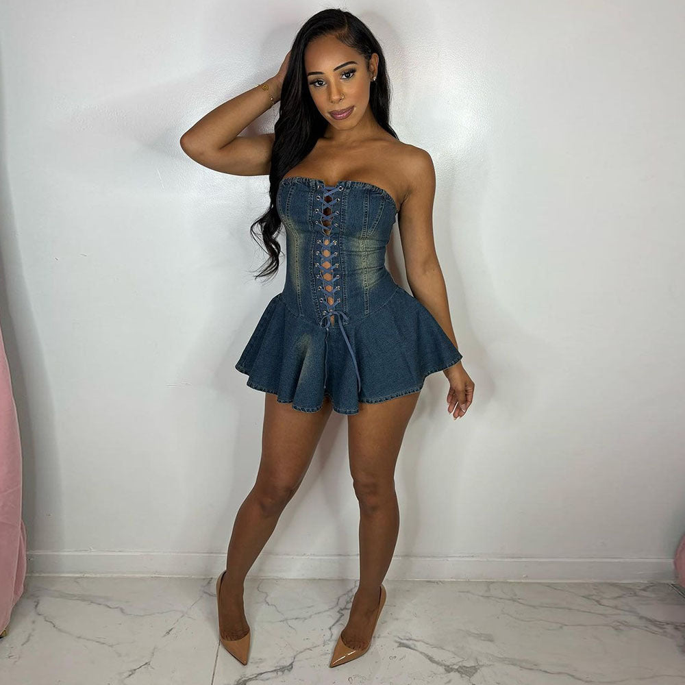 Zipper Lace-Up Bandeau Denim Flounced Dress