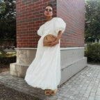 Cotton round Neck Puff Sleeve Dress Spring Summer Solid Color Loose Casual f