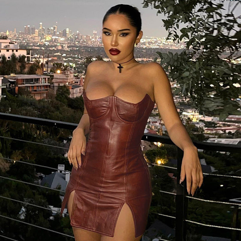 Faux Leather Off-Neck Low Cut Tight Sleeveless Backless Dress