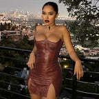 Faux Leather Off-Neck Low Cut Tight Sleeveless Backless Dress