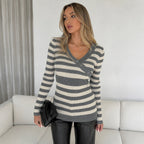 Women's Striped V-Neck Button-Front Sweater