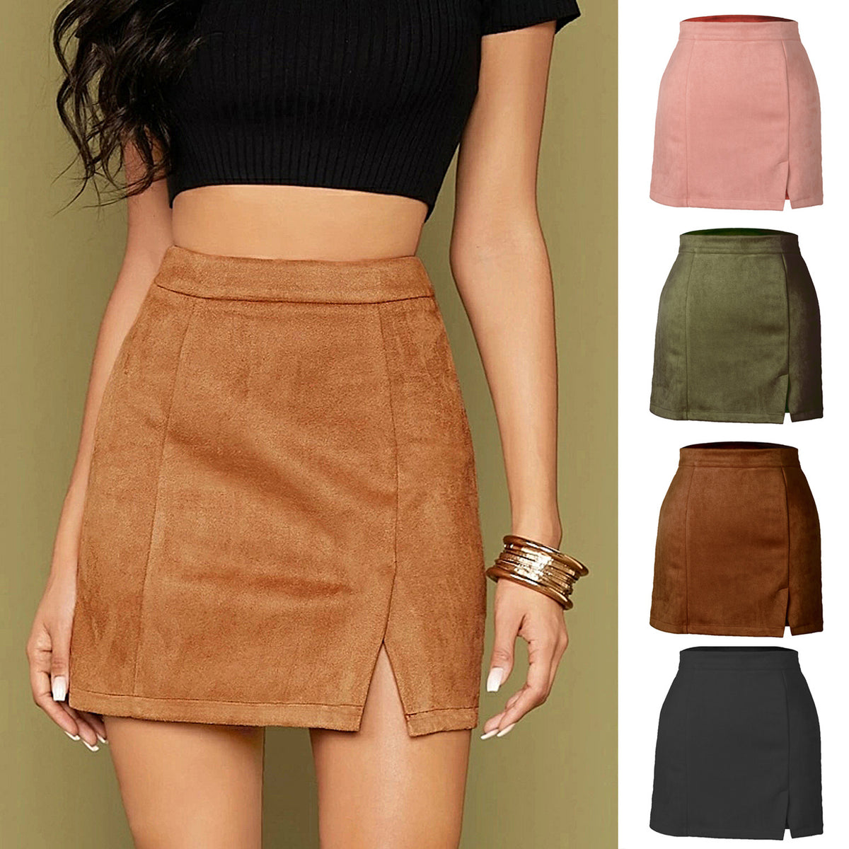 Suede Hip High Waist Zipper Autumn Winter A Line Skirt