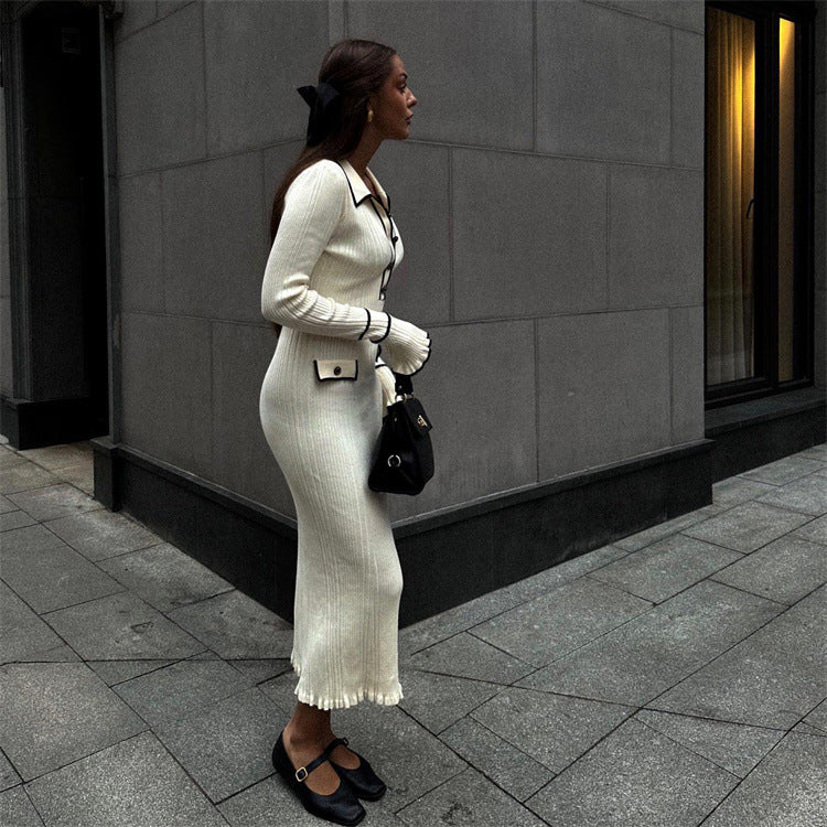 Collared Button Ribbed Long-Sleeve Knit Bodycon Midi Dress