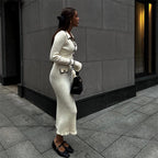 Collared Button Ribbed Long-Sleeve Knit Bodycon Midi Dress