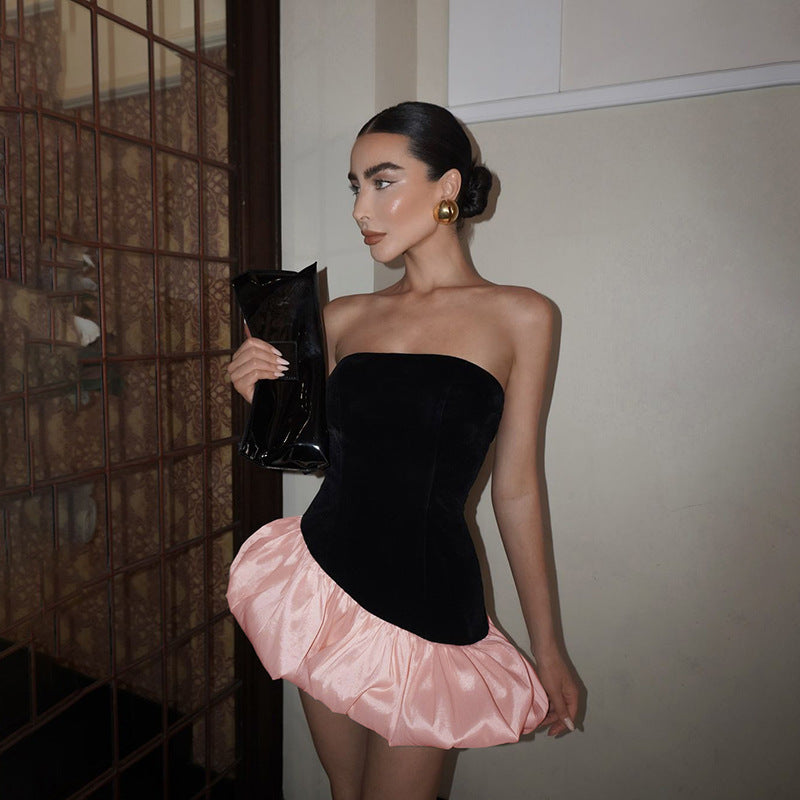 Winter Elegant Sleeveless Tube Top Advanced Suede Stitching Dress